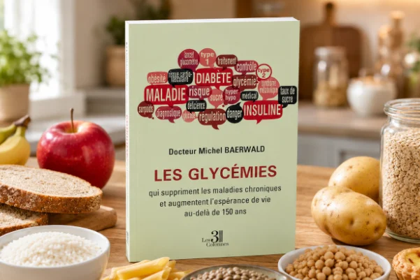 Photo du livre Les glycémies du Dr Michel Baerwald posé sur une table avec plusieurs aliments riches en glucides.
