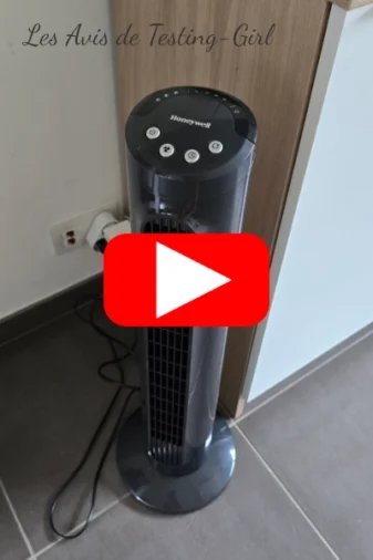 Ventilateur tour Honeywell noir vu de près, lien vers vidéo